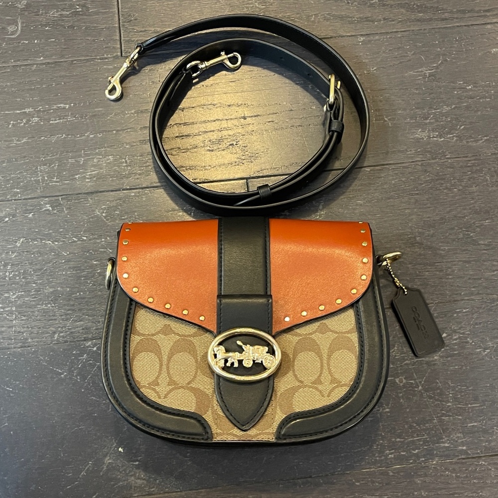 COACH C3593 GEORGIE leather brown orange SADDLE BAG CROSSBODY CANVAS W/RIVETS